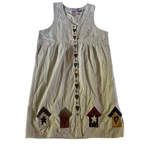 Vtg Y2K 2000s Tan Jumper Patchwork Embroidered Maxi Dress Plus Sz 2X Cottagecore